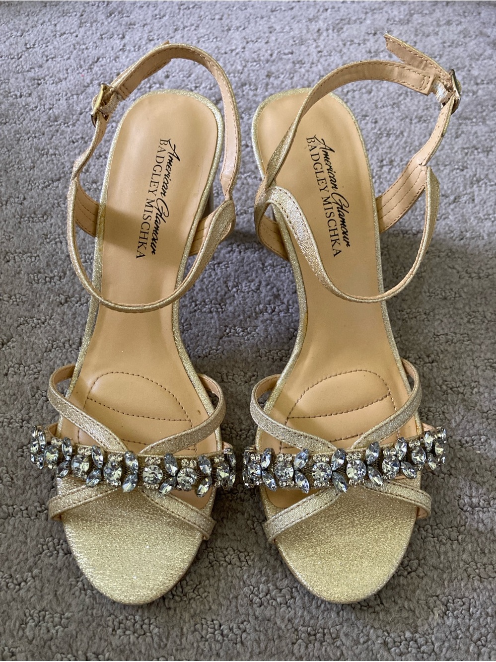 Badgley Mischka gold strappy rhinestone heels, 7.5.